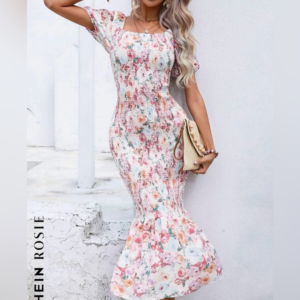 SHEIN all over floral puff sleeve midi dress size medium (6)